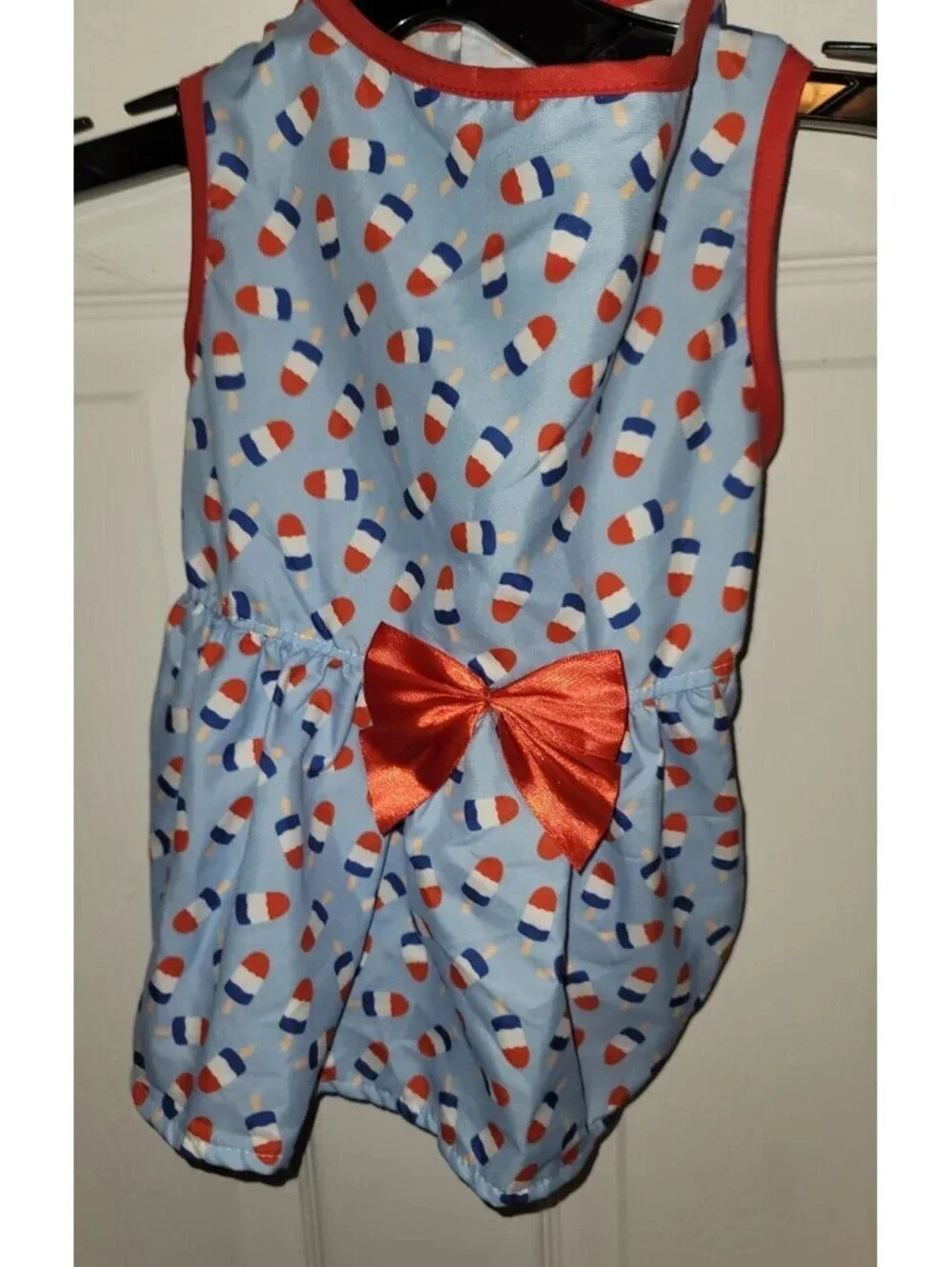 FOURTH OF JULY RED WHITE BLUE POPSICLES DOG DRESS WITH RED BOW SIZE: MEDIUM NWOT